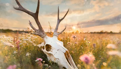 Poster Crâne aquarelle watercolor background deer skull with summer wildflowers