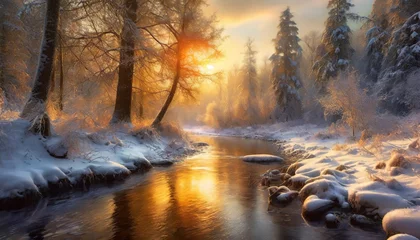 Tuinposter winter landscape with forest and river magical fantasy winter background digital art illustration © Robert