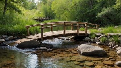 Tranquil wooden bridge over a serene creek