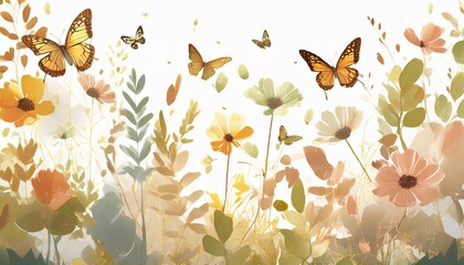 fleurs feuilles plantes et papillons volants multicolores abstraits sans couture vecteurs de motif isoles sur fond blanc illustration panoramique prairie d ete ia generative generative ia
