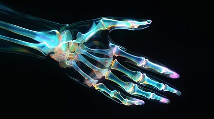 Holographic skeletal hand scan bones illuminated deep black background