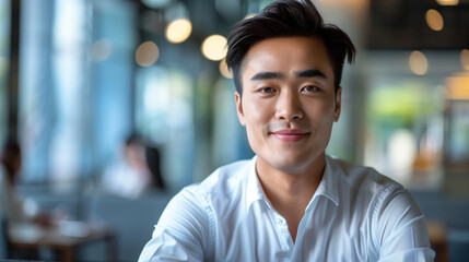 Fototapeta premium Young Asian businessman in modern office, portrait of a businessman or entrepreneur 