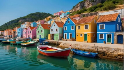 Colorful waterfront houses with boats