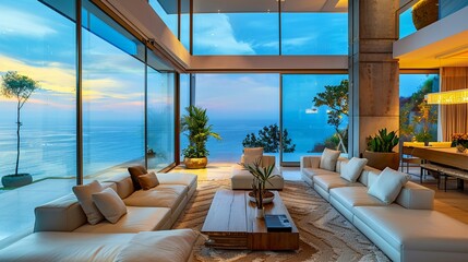 Lavish villa living room walls of glass showcase the sea view luxury redefined - obrazy, fototapety, plakaty
