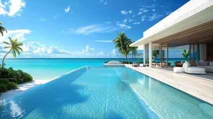 Modern architectural pool at a luxury villa beach lounge for ultimate relaxation - obrazy, fototapety, plakaty