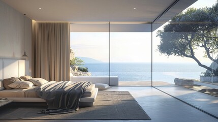 Minimalist villa bedroom vast sea view through sleek windows serenity embodied
