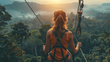 A woman wearing casual clothes on a zip line or canopy experience