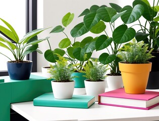 A desk with several potted plants on it.