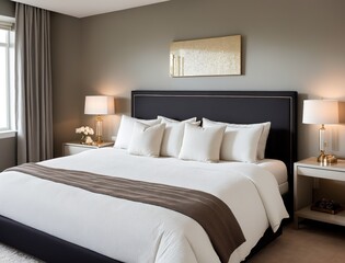 A bedroom with a white bedspread, white walls, and a white ceiling.