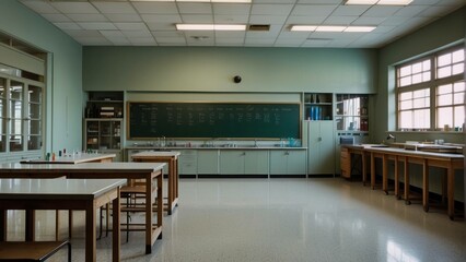 A deserted science classroom with wooden lab tables and a blackboard, creating a vintage academic atmosphere