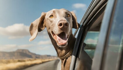 Weimaraner dog with head outside car window on a road trip