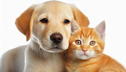 Yellow Labrador puppy and an orange tabby kitten posing as friends