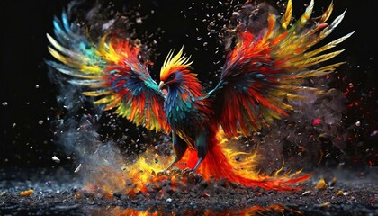 Mythical Phoenix bird with flames and ashes against a black background - obrazy, fototapety, plakaty