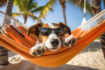 jack russell dog in a hammock on a tropical beach - obrazy, fototapety, plakaty