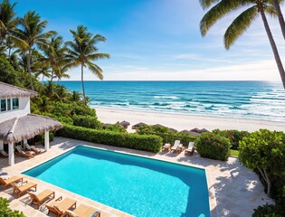 A luxurious beachfront villa with a swimming pool, lounge chairs, and a view of the ocean.