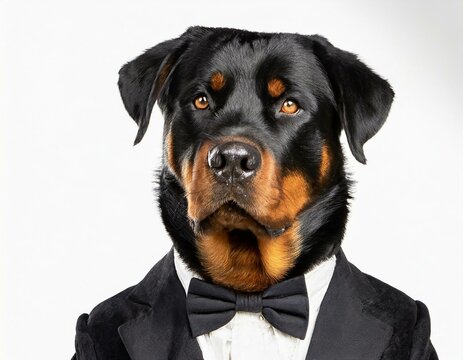 Rottweiler with a distinguished look in wearing a black tuxedo