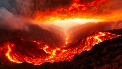 Illustration of a river of fire and valley of an inferno with flames in the sky
