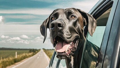 Great Dane dog with face outside car window on a road trip