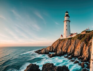 Naklejka premium A lighthouse on a cliff overlooking the ocean.