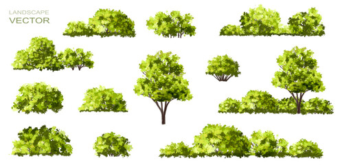 Vector watercolor green tree or forest side view isolated on white background for landscape and architecture drawing,elements for environment or garden,botanical element for exterior section in spring - obrazy, fototapety, plakaty