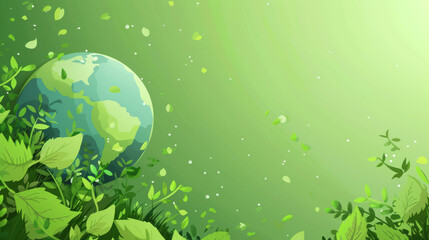 Fresh, green leaves sprout around a stylized Earth in this environmentally themed image, perfect for a banner with blank space
