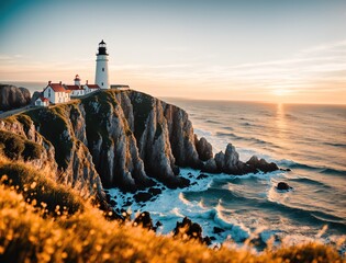 A lighthouse on a cliff overlooking the ocean at sunset. - Powered by Adobe