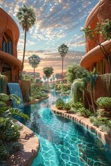 Solar powered desert oasis with high tech water purification and lush