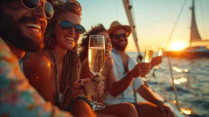 Many groups of friends People drinking champagne while partying on a yacht Attractive young man and...