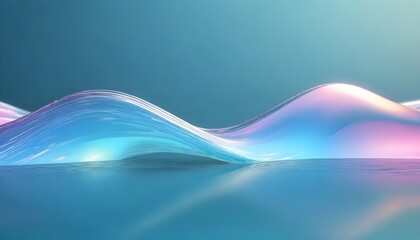 3d render abstract background in nature landscape. Transparent glossy glass ribbon on water. Holographic curved wave in motion. Iridescent design element for banner background, wallpaper.