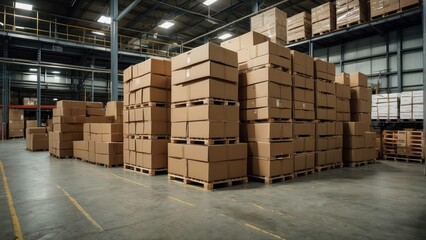 The vastness of an industrial storage space with rows of cardboard boxes piled high, suggestive of mass production