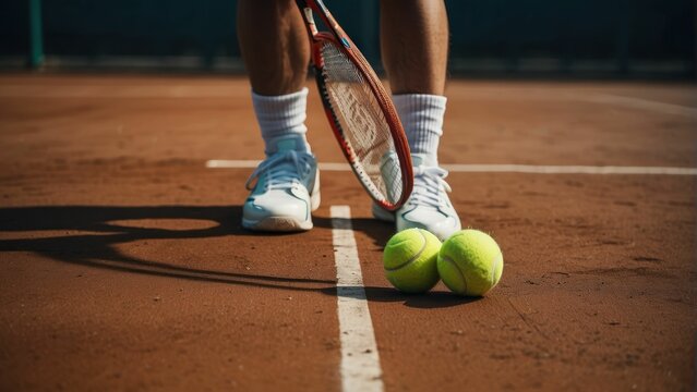 A dynamic view of a tennis players legs, racket, and balls ready for the game on a clay court
