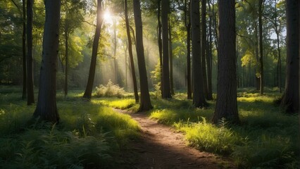 Fototapeta premium Sunrays peering through a serene forest