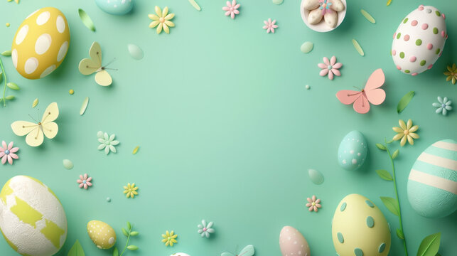 Yellow and pink Easter eggs are surrounded by butterflies with ample banner with blank space in the turquoise background