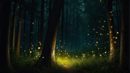 Enchanted forest with glowing fireflies at dusk