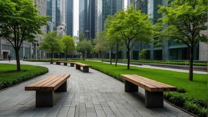 Serene urban park with modern skyline