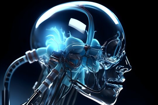 Cybernetic Extraterrestrial Experiment in Futuristic Science Lab with Cyborg Wired to Vacuum Tubes