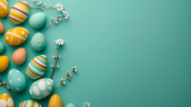 An array of colorfully patterned Easter eggs with spring branches, forming a charming banner with blank space for messages