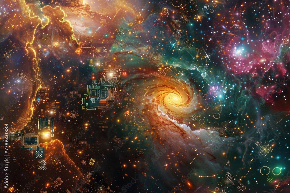 Wall mural abstract representation of a cosmic space merging with a circuit board, symbolizing technology and u