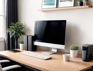 A cluttered office desk with a computer, keyboard, mouse, and plant.