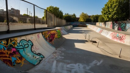 Empty urban skatepark with colorful graffiti