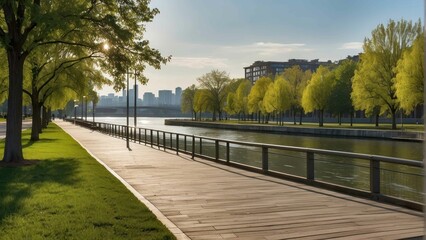 Fototapeta premium Sunny riverside walkway with cityscape