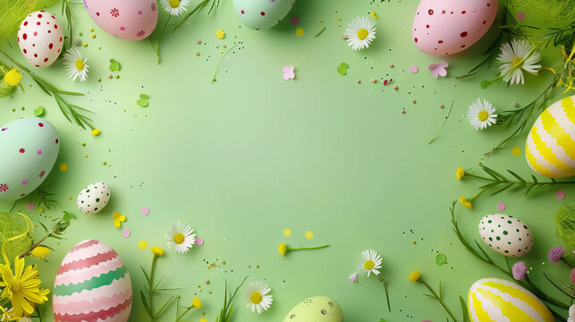 A cheerful Easter theme with decorated eggs, daisies, and crisp greens, perfect for a spring banner with blank space