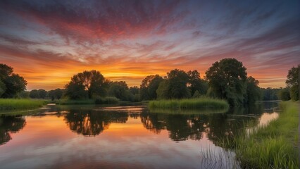 Sunset reflection on tranquil river waters