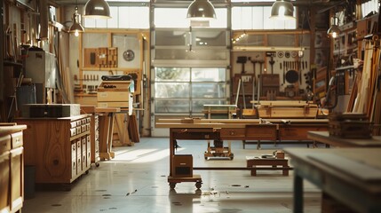 A workshop where AI-assisted tools lay ready, their subtle design improvements hinting at the efficiency they bring to craftsmanship.