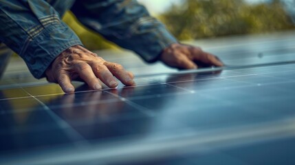 close-up of a hand adjusting a photovoltaic panel - obrazy, fototapety, plakaty