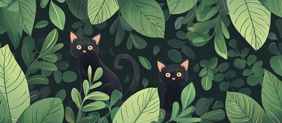 Two black cats are camouflaging among the leaves of a terrestrial plant. They are hiding in the tree, blending in with the foliage - obrazy, fototapety, plakaty