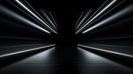 Futuristic Dark Concrete Underground Tunnel Corridor with Illuminated White LED Lights - obrazy, fototapety, plakaty