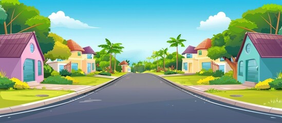 A cartoon illustration depicting a serene residential street with houses, trees, and green grass. The sky is dotted with fluffy clouds, and asphalt road surface runs through the thoroughfare - obrazy, fototapety, plakaty