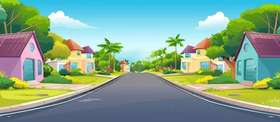 Foto op Canvas A cartoon illustration depicting a serene residential street with houses, trees, and green grass. The sky is dotted with fluffy clouds, and asphalt road surface runs through the thoroughfare © AkuAku