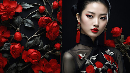 The Portrait of a Chinese girl in black dress with white and black flower